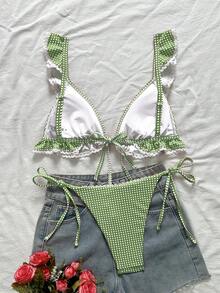 Swim Mod 女款甜美可愛格紋印花荷葉邊白色蕾絲比基尼上衣與側綁帶三角泳褲休閒海灘度假泳裝套裝 - 綠色 - 查看 2