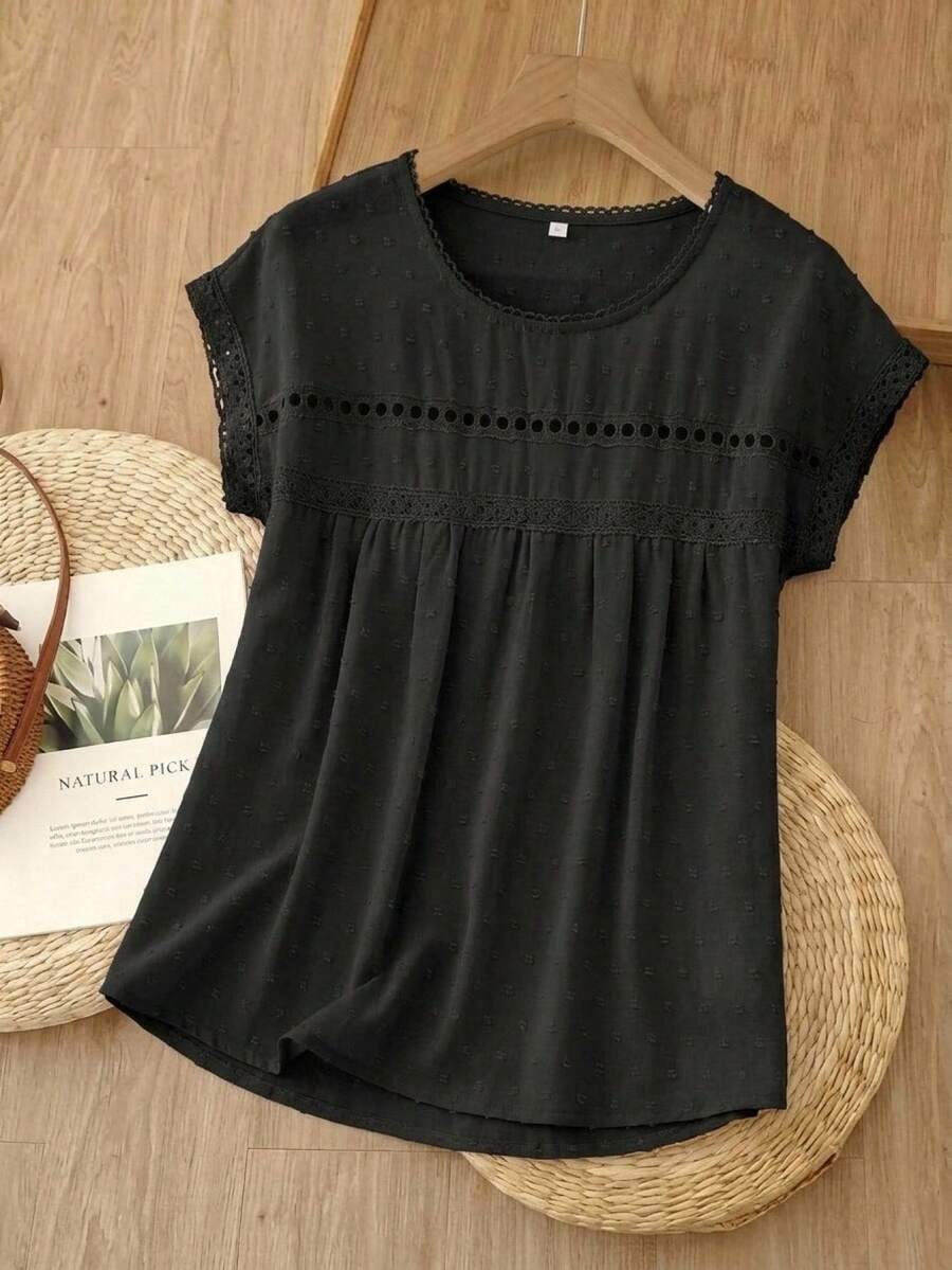 Rusticease Blusa con encaje en contraste de manga murciélago - Negro - Ver 1