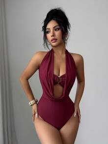 Elenzga 女士时尚性感露背吊带连体衣 - 酒紅色 - 查看 2