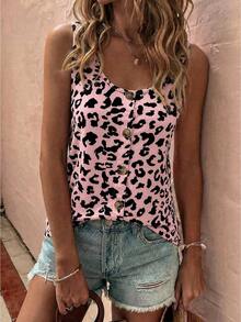 EMERY ROSE New Arrival Women's Fashion Floral & Leopard Print Round Neck Button Vest - Multicolor - View 4