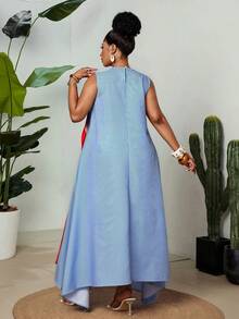 Maweii Plus Size Women's Brown Sleeveless Maxi Dress, Round Neck Casual Contrast Color Print Dress For Summer, Tropical Holiday, Tea Party, Beach Gym - Multicolor - View 2