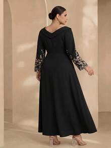 Graceveil Elegant Solid Color Patchwork Mesh Embroidered Off-Shoulder Long Sleeve Cinched Waist A-Line Plus Size Dress, Spring/Autumn Black - View 2