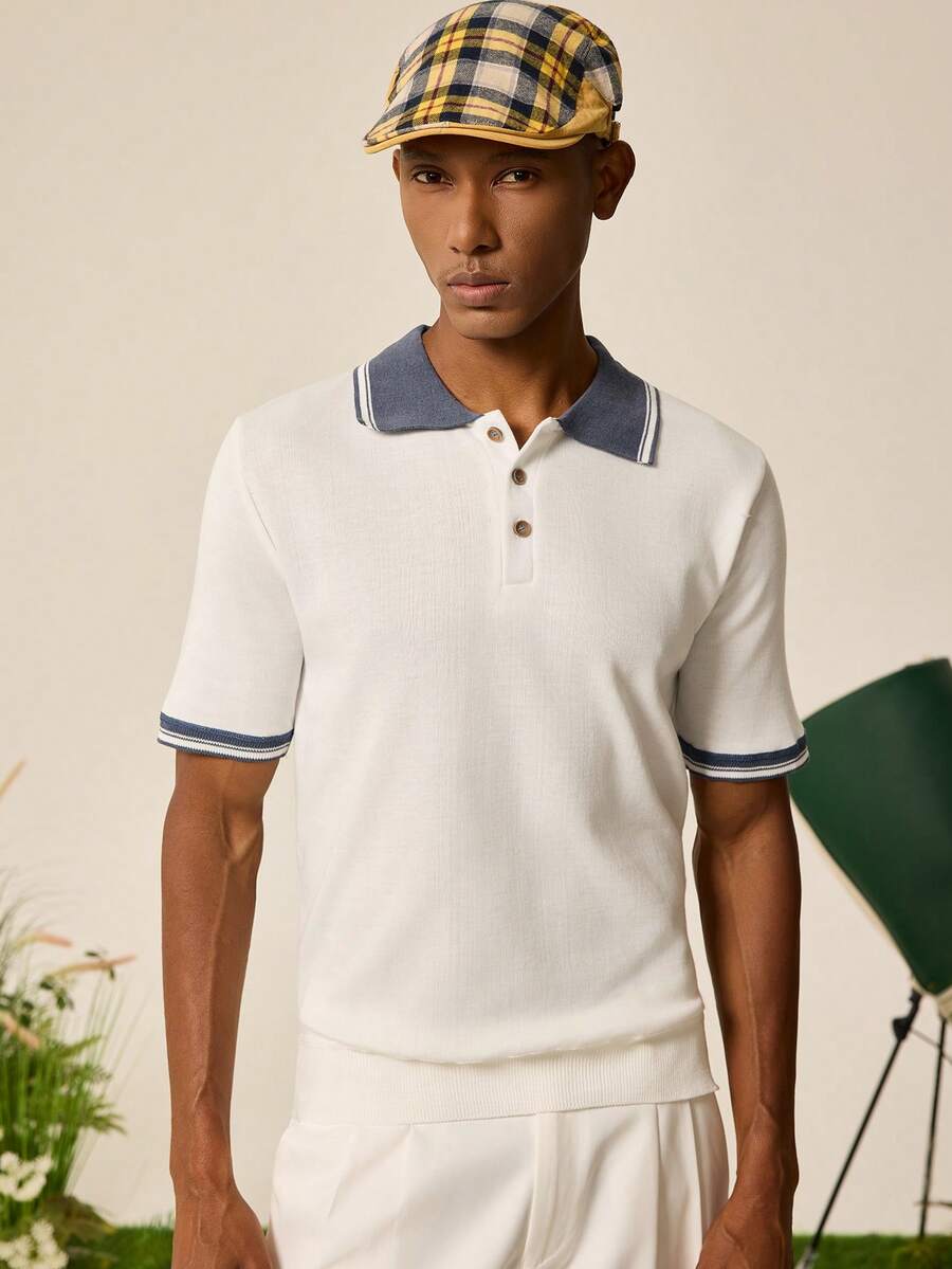 Tonviero Men's Color Block Polo Collar Short Sleeve Knit Top Polo T Shirt Men - White - View 1