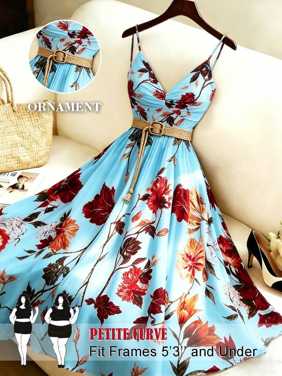 SHEIN PETITE CURVE Petite Plus Size Women's Casual Woven Long Sleeveless Elegant Spaghetti Strap Elegant Daily Beach Vacation Style Dress - Baby Blue - View 1