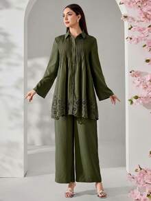 Veilorie Damen elegantes Set aus einfarbiger Bluse und Hose, 2-teilig - Armeegrün - Übersicht 6