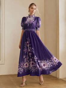 Anewsta Spring Summer Dark Purple Premium Floral Print Short Sleeve Waist-Cinching Tie-Up Long Dress For Women Wedding Party Date Romantic Casual - Bold Plum - View 4