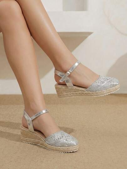 Styleloop Women's Hemp Rope Straw Weave Wedge Heel Silver Woven Ankle Strap Empty Women's Wedge Heel Single Shoes Sandals Hemp Rope Shoes Pomessian Style Suitable For Going Out On Vacation Daily Dating Beach Seaside Travel Comfortable Casual Style Wear Women's Shoes