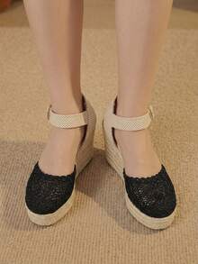 Styleloop Giày cao gót đế xuồng dệt từ dây gai dầu và rơm màu đen dành cho nữ, kiểu dáng quai ngang mắt cá chân, giày sandal đế xuồng bằng dây gai dầu phong cách Boho phù hợp cho đi chơi, nghỉ mát, hẹn hò hàng ngày, đi biển, du lịch, phong cách thường ngày với giày nữ. - màu đen - Xem 3