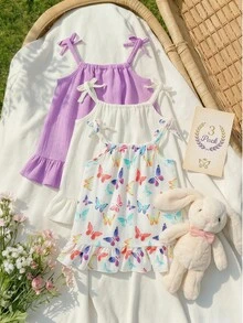 SHEIN 3件套女婴夏季蝴蝶印花+纯色荷叶边吊带连衣裙套装 - 彩色 - 查看 1