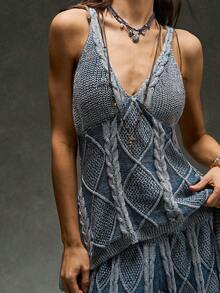 Bohemela Vintage Mixed Color Twist Rope Loose Knit Sweater - Blue and White - View 4
