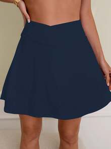 SHEIN Chân váy bơi nữ màu trơn phong cách thường ngày đi biển nghỉ dưỡng - Màu xanh lam - Xem 2