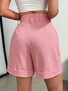 SHEIN Clasi Plus Size Women Casual Solid Color Cuffed Shorts - Dusty Pink - View 2