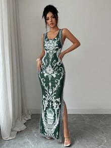 SHEIN Elenzya Exquisite Printed Chinoiserie Waist-Cinching Slit Luxurious Retro Middle Eastern UAE Style Robe, Tight Fit, Multi-Color, Sleeveless - Dark Green - View 6