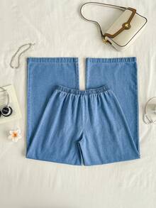 SHEIN Quần jean ống rộng thắt eo - Màu xanh lam - Xem 4