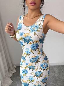 SHEIN Elenzya 精致印花中国风束腰开衩奢华复古中东阿联酋风格长袍，紧身款，多色可选，无袖 - 彩色 - 查看 6