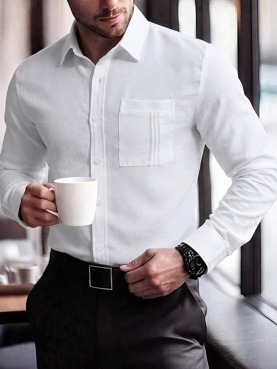 Manfinity Mode Men's Fashion Casual Long Sleeve Shirt Men's Stand-Up Collar Solid Color Button Long Sleeve Shirt, - White - View 1
