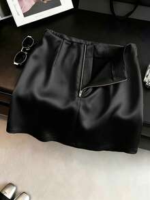 SHEIN Franclia 低腰A字缎面拉链半身裙，时尚显瘦女裙，适合春夏度假、外出，Y2K风格 - 黑色 - 查看 6