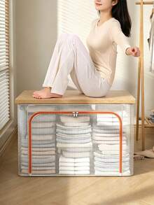 1 Set Of 66L Transparent PVC Storage Box, Large Waterproof Household Steel Frame Box For Storing Clothes, Blankets, Organizing Box, Foldable Wardrobe Storage Box - White - View 7