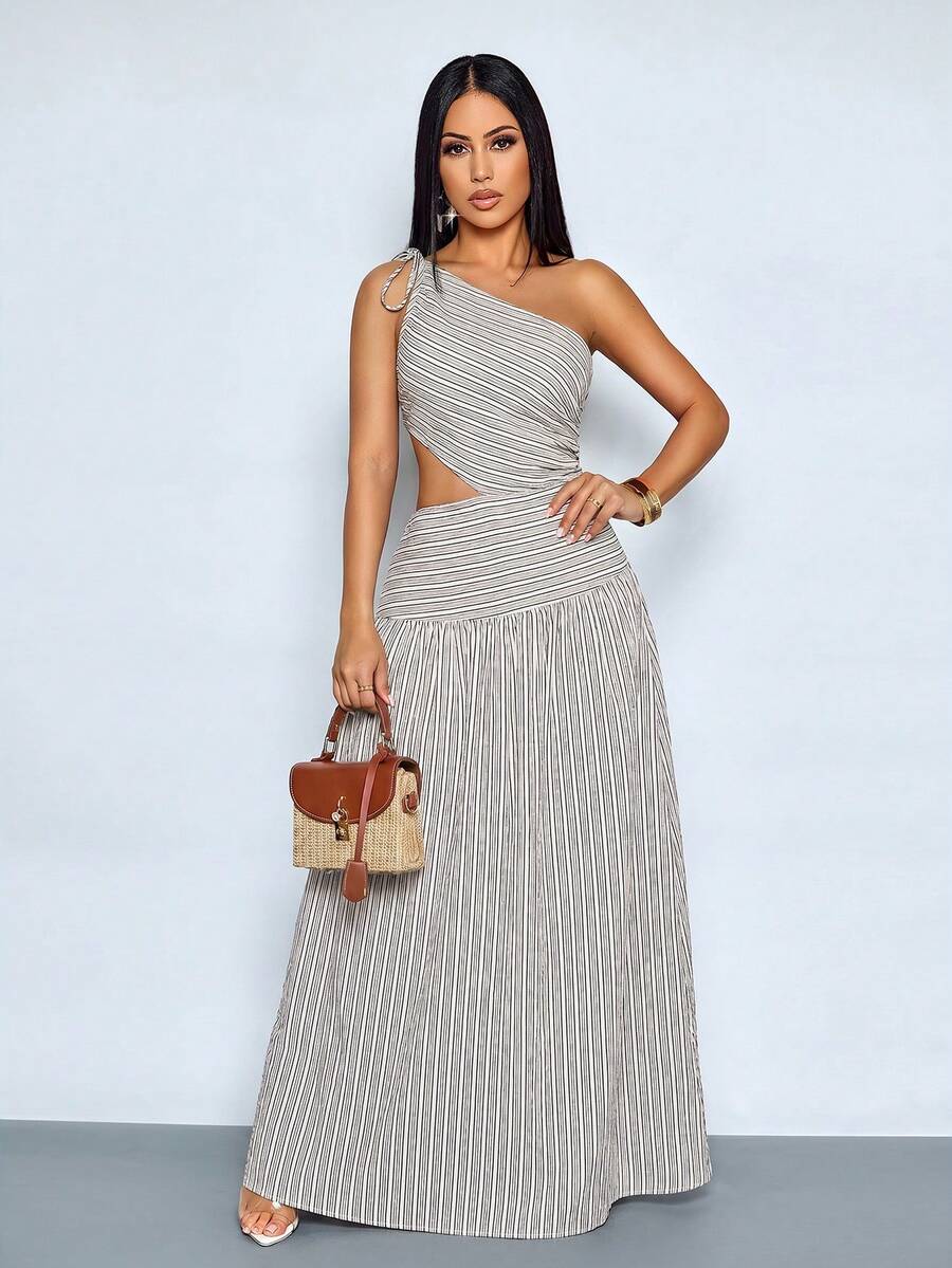 SOLERSUN Abito lungo da donna in stile casual da vacanza in lino a righe con spalle scoperte e dettagli traforati, estetica vintage - Albicocca - Visualizzare 1