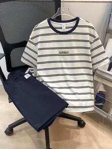 2件套 青少年男童休闲舒适百搭条纹印花T恤和纯色短裤套装 - 藏蓝色 - 查看 3