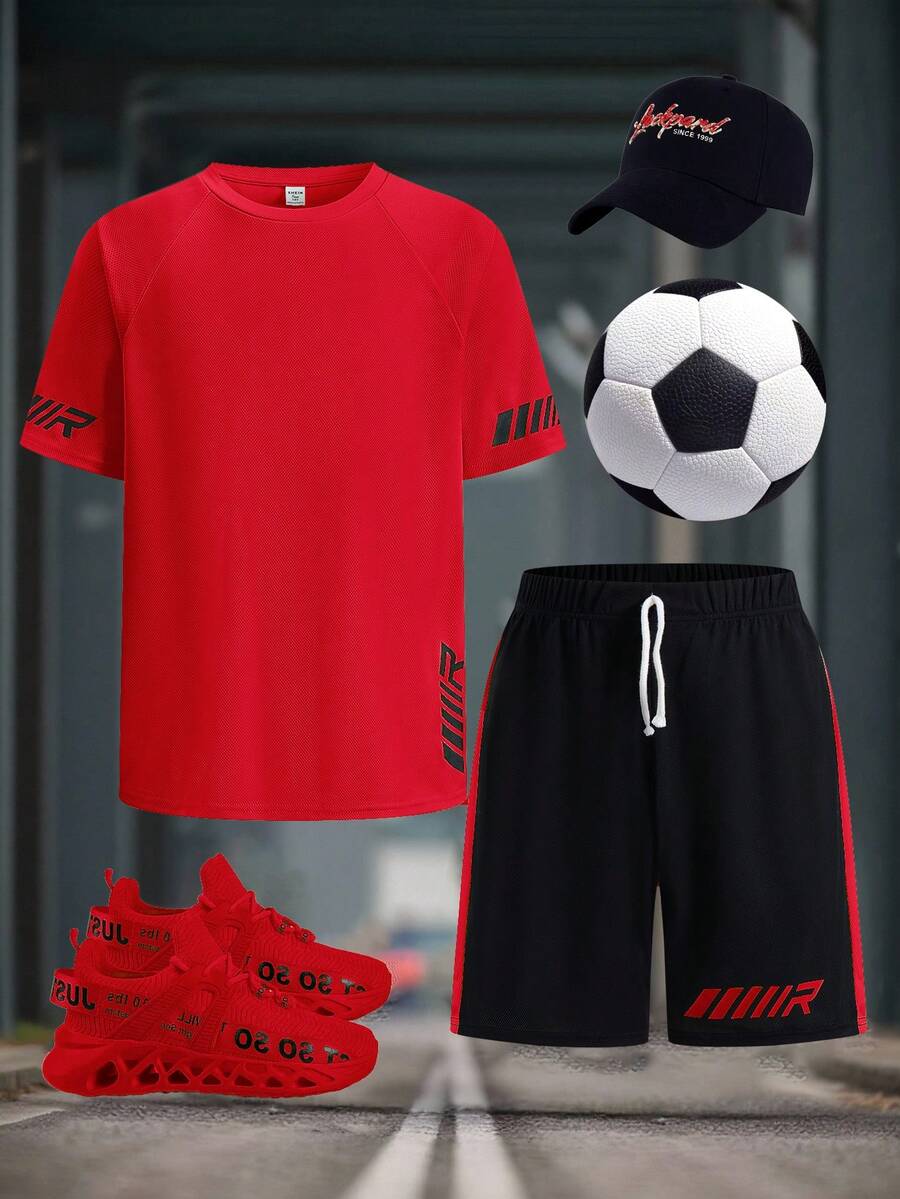 SHEIN 2件/套 青少年男童休閒短袖上衣與短褲套裝,運動服,街頭風,龐克搖滾,校園風,適合春夏季,日常穿著,派對,音樂節 - 紅色 - 查看 1
