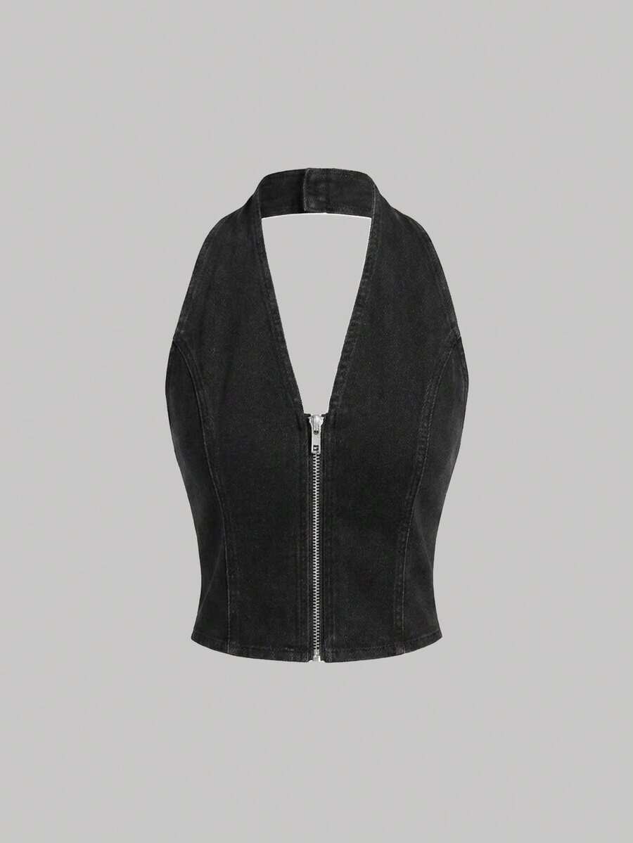 SHEIN MOD 女款素色無袖拉鍊牛仔背心上衣,時尚夏季款 - 黑色 - 查看 1
