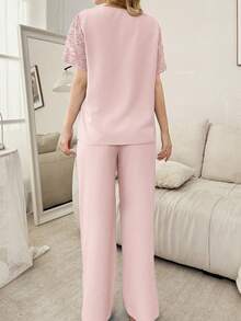 SHEIN Lace Patchwork Sheer Shoulder Cardigan Short Sleeve Pajama Set For Women - Pink - View 2