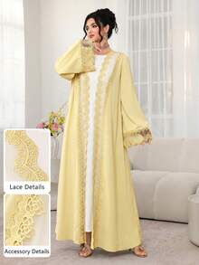Al Najma Elegant Fashion Floral Trim Abaya Robe, Suitable For Spring And Summer - Yellow - View 6