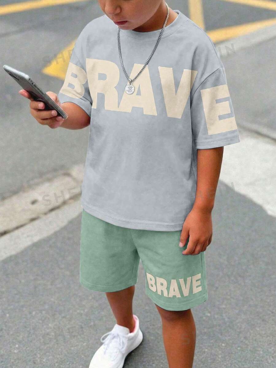 青少年男童休闲舒适简约圆领短袖T恤和短裤套装 - 彩色 - 查看 1