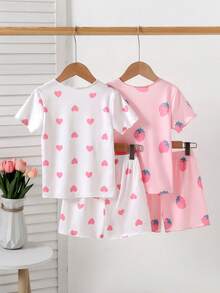 SHEIN 4 Peças Conjunto de Pijama Curto de Malha com Estampa de Morango e Coração para Meninas - Multicolorido - Visão 2