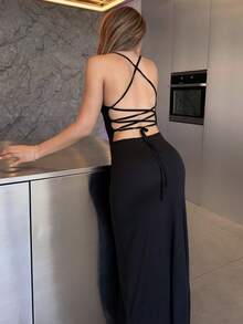 Katetique Slim Fit Sexy High Slit Cross Strap Tie Up Long Dress For Women Party Elegant Summer - Black - View 2