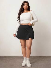 Enliva Falda corta casual de línea A de unicolor negro para mujer de talla grande, amigable con las curvas del Body redondeado, apta para el invierno, compatible con la forma del Body redondeado tipo manzana - Negro - Ver 7