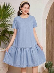 SHEIN 少女宽松蓝色牛仔抽绳连衣裙 - 淺色水洗藍 - 查看 5
