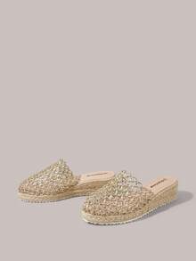 Styleloop Giày nữ đế xuồng mule hở lưng, gót dày, đan lưới vàng, đan dây thừng gai, chất liệu rơm, phong cách Boho, sandal mùa hè, phù hợp đi chơi, du lịch, hẹn hò, đi biển, phong cách thường ngày - Vàng - Xem 8