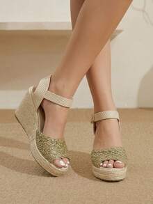 Styleloop Giày cao gót đế xuồng dệt từ dây gai dầu và rơm, quai ngang mắt cá chân màu vàng, giày sandal đế xuồng kiểu Boho phù hợp cho đi chơi, nghỉ mát, hẹn hò hàng ngày, đi biển, du lịch, phong cách thường ngày với giày nữ. - Vàng - Xem 2