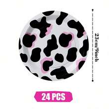 Pink Cow Print Disposable Plates, Napkins And Cups, Party Supplies Set, Serves 24 People, Disposable Paper Party Tableware, Suitable For Birthdays, Weddings, Theme Parties, Family Picnics. - View 8