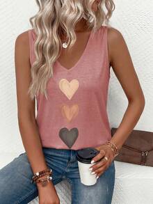 EMERY ROSE Nuevo top de tirantes casual y versátil con cuello en V y estampado de corazón degradado para mujer, primavera/verano - Rosa Pálido - Ver 4