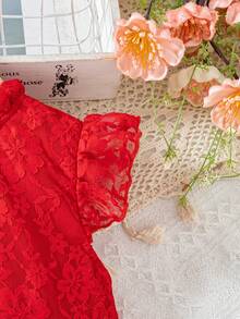 Elladie kids Red Summer Satin Party Spring Dress For Toddler Girls,Lace Floral Fabric,Flutter Sleeves,Ruffle Hem,Back Zipper Closure,Cute & Playful Summer Vacation - Red - View 6
