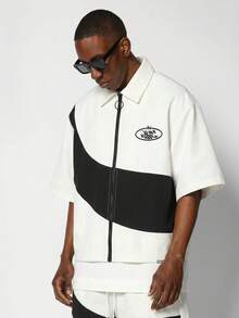 SUMWON Short Sleeve Zip-Up Co-Ord Shirt With Bold Diagonal Color Block Panel And Oval Logo Patch, Summer Style - Black and White - View 3