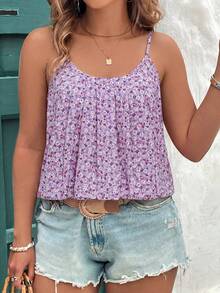 SHEIN Clasi Kamisol Motif Bunga Kecil Warna Pink untuk Wanita Ukuran Besar di Musim Panas - Mauve Purple - View 4