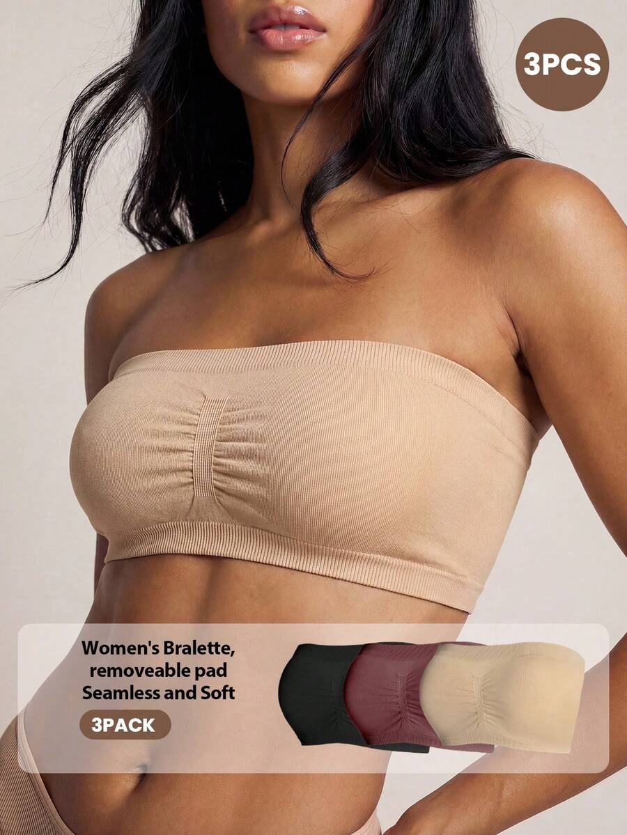 Barelissa 3pcs Women's Solid Pleated Bandeau Bra Set - Multicolor - View 1