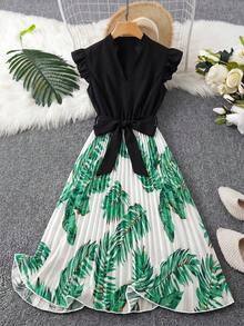 SHEIN Franclia 女士褶皱花卉拼接短袖连衣裙，春夏款 - 黑與白 - 查看 3