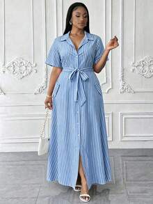 Maweii Plus Size Women Striped Print Button Front Casual Short Sleeve Shirt Dress - Blue and White - View 1