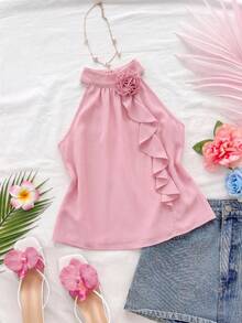 DreamSkyne Plus Size Summer Elegant 3D Floral Ruffle Neck Blouse For New Year Clothes - Pink - View 13
