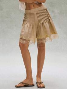 Bohemela Casual Solid Color Woven Contrast Lace Trim Loose Women Shorts - White - View 6