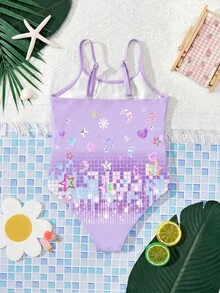 SHEIN 女童卡通连体泳衣 - 紫色 - 查看 2