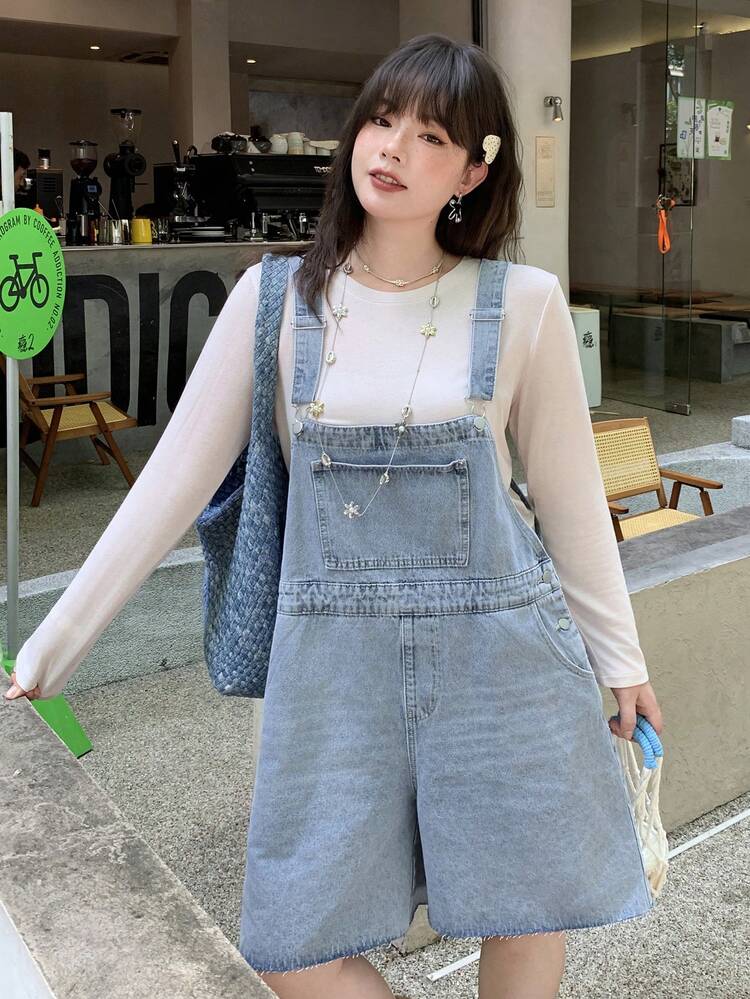 Dazy Plus Summer New Vintage Solid Color Casual Vacation Style Women Denim Bib Shorts, Plus Size, Spring/Summer