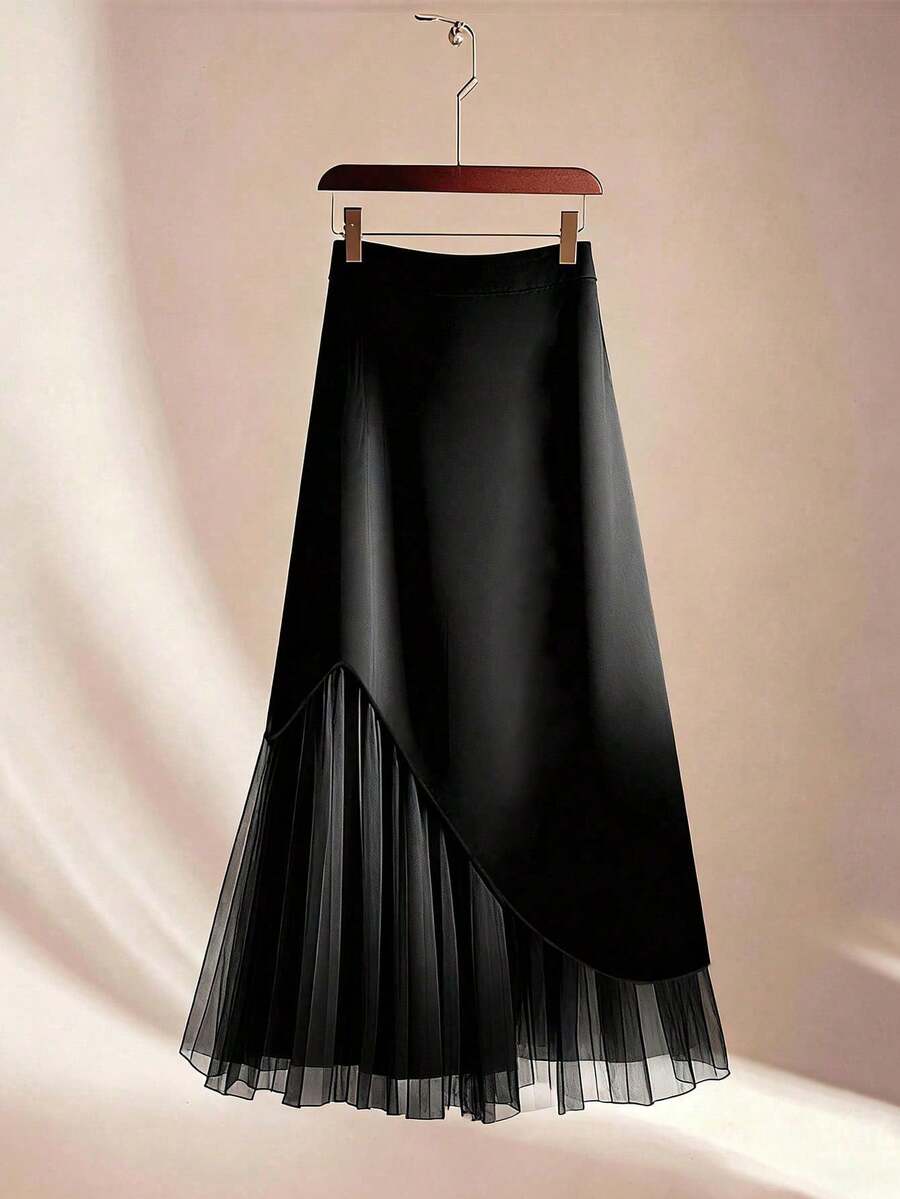 SHEIN Clasi Plus Size Women Asymmetrical Patchwork Pleated Skirt Fall - Black - View 1