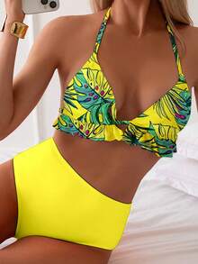 Swim Lushoire 女款熱帶植物印花三角杯泳衣搭配高腰純色泳褲比基尼套裝 - 黃色 - 查看 4