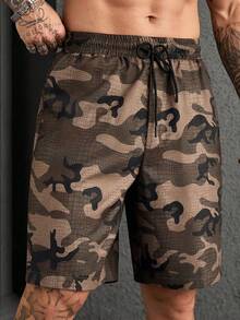 Manfinity CasualCool Camo Print Wide Leg Bermuda Shorts,All Shades Of Brown,Summer,Casual,Streetwear,City Break,Derby Black Outdoor Activities,Daily Leisure,Vintage Y2k - Multicolor - View 3